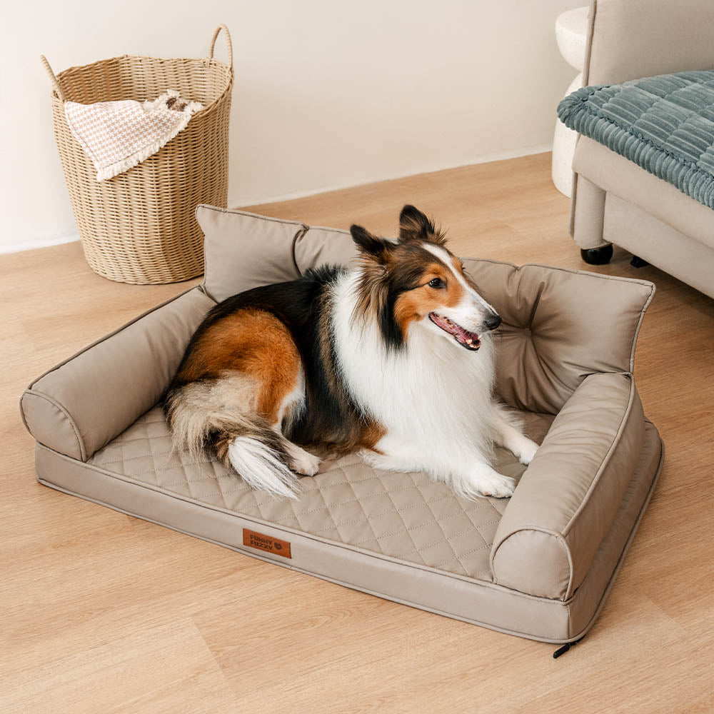 Funny Fuzzy Orthopedic Dog Sofa Bed Beige Faux Leather Large — Image 11