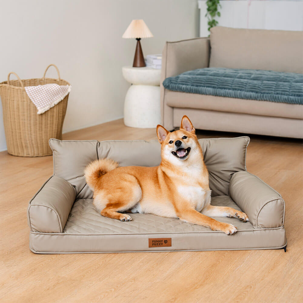 Funny Fuzzy Orthopedic Dog Sofa Bed Beige Faux Leather Large — Main Image