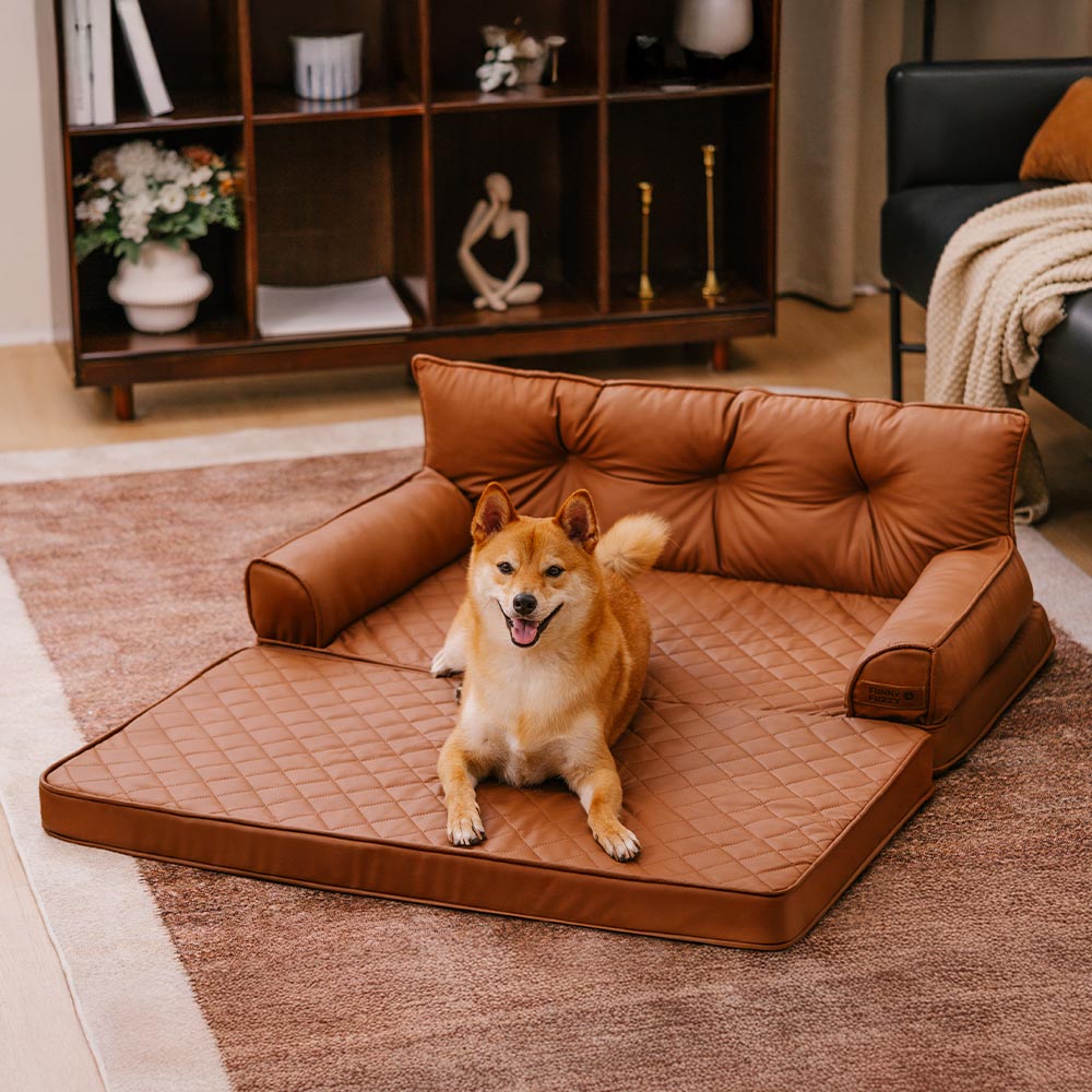Funny Fuzzy Orthopedic Dog Sofa Bed Beige Faux Leather Large — Image 7