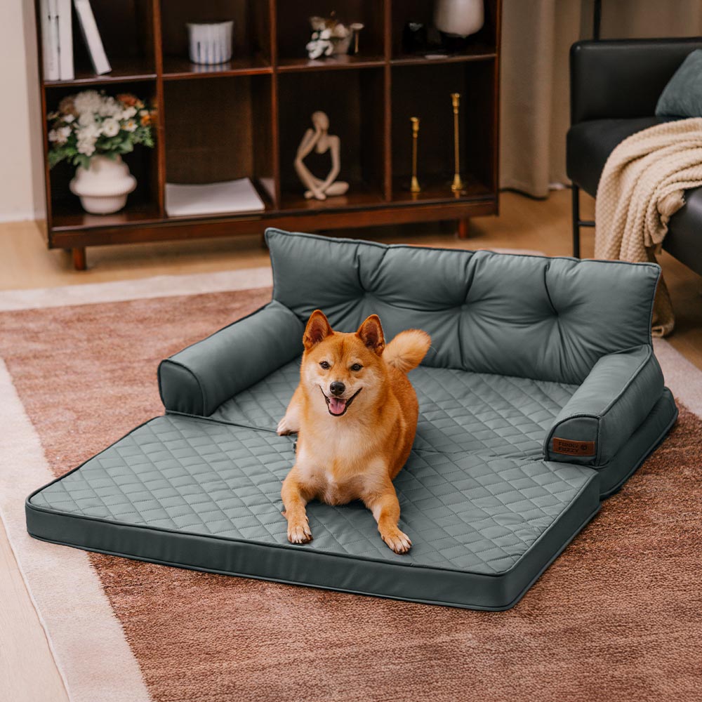 Funny Fuzzy Orthopedic Dog Sofa Bed Beige Faux Leather Large — Image 14