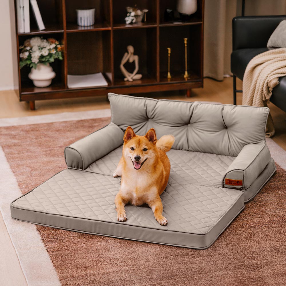 Funny Fuzzy Orthopedic Dog Sofa Bed Beige Faux Leather Large — Image 13