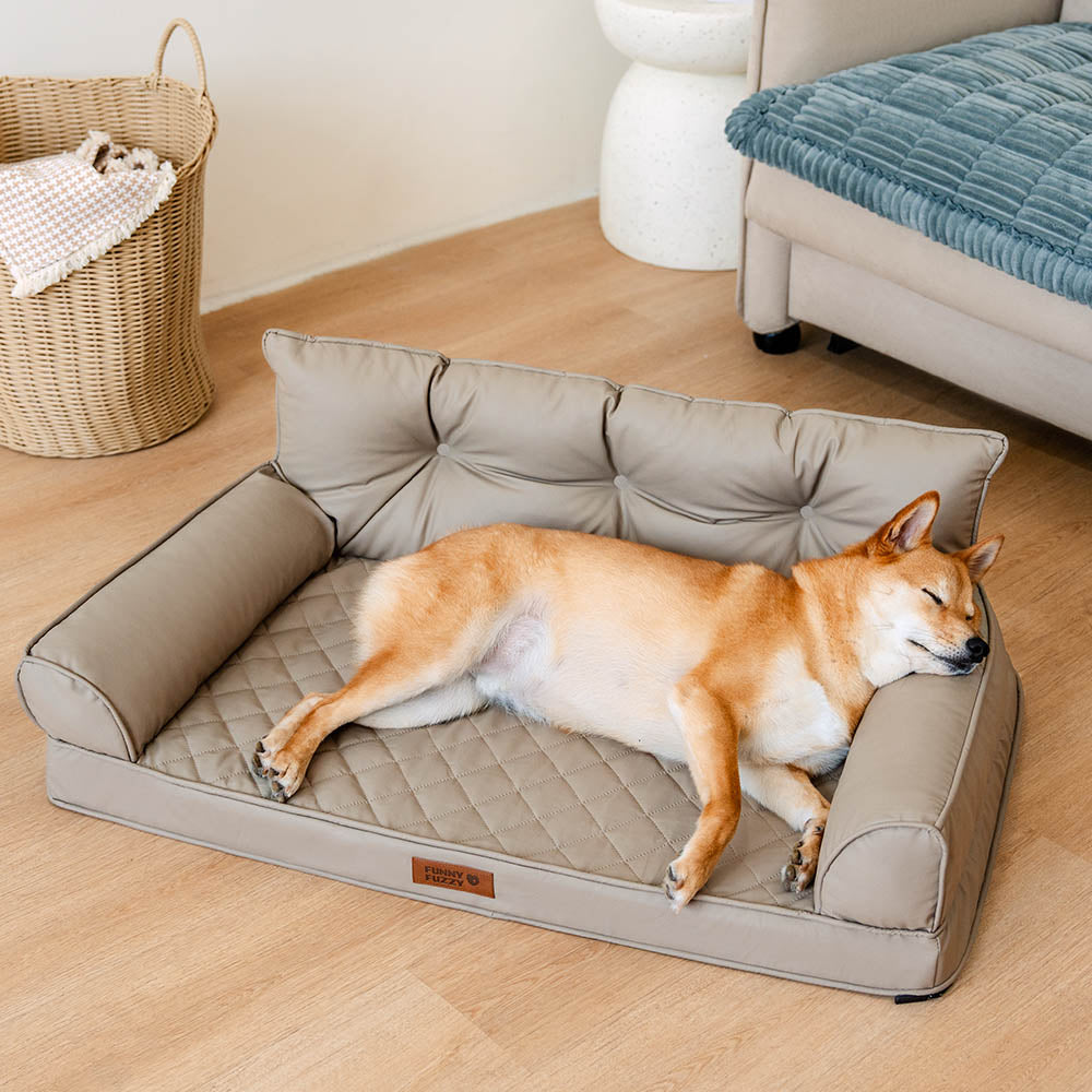Funny Fuzzy Orthopedic Dog Sofa Bed Beige Faux Leather Large — Image 10