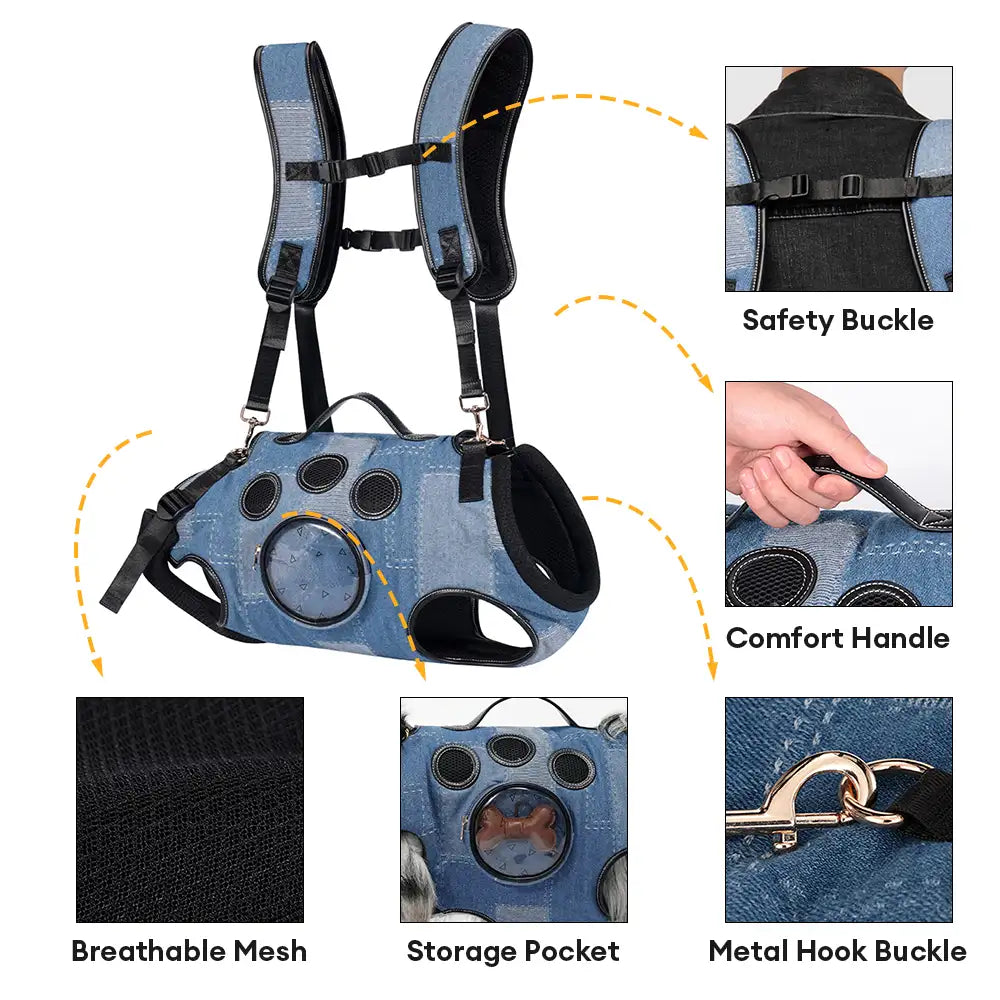 Pet Carrier Backpack Denim Fabric Breathable Mesh Safety Buckles — Image 4