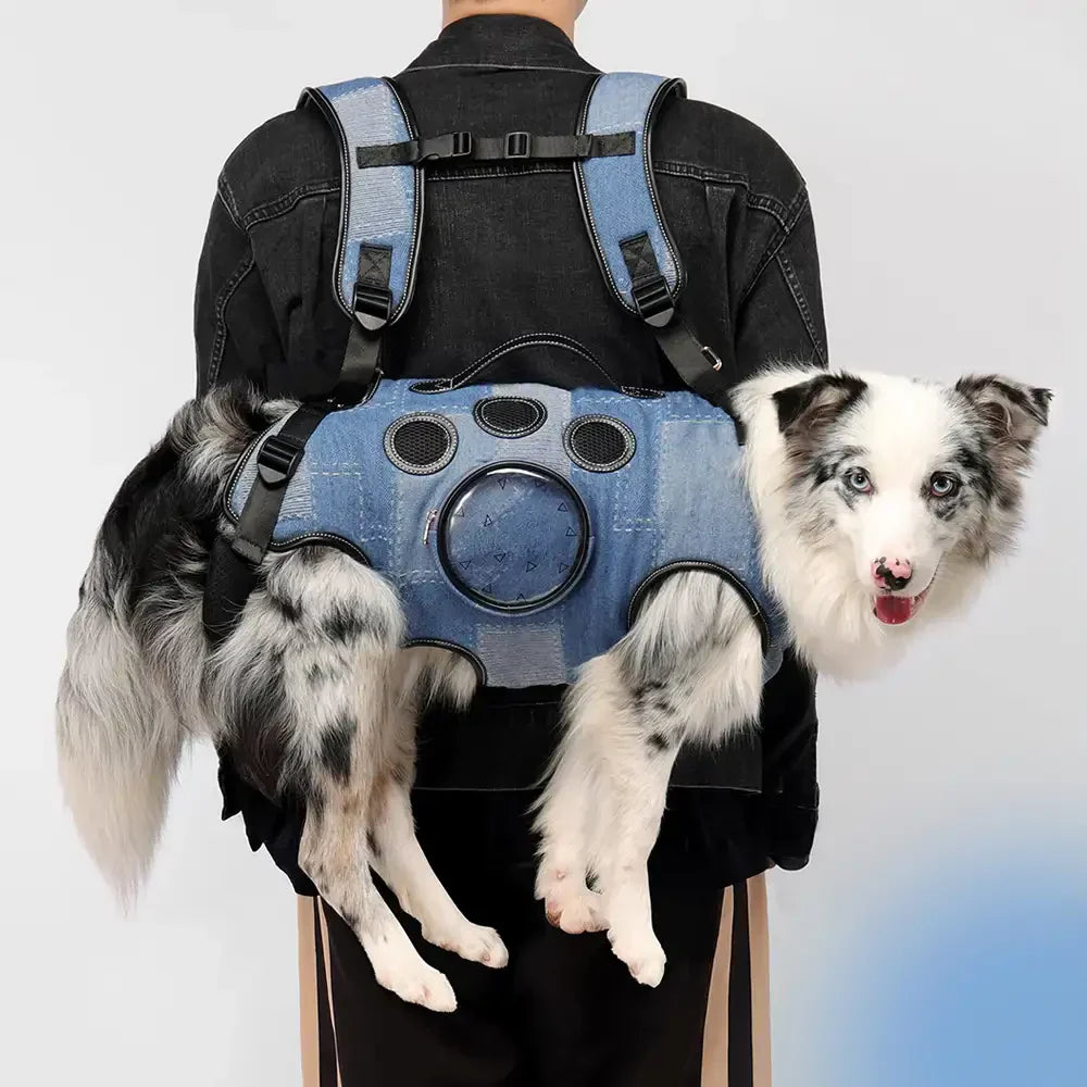 Pet Carrier Backpack Denim Fabric Breathable Mesh Safety Buckles — Main Image