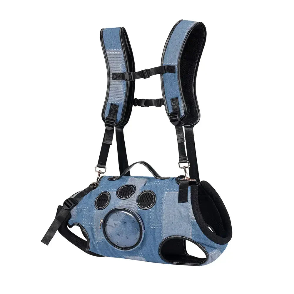 Pet Carrier Backpack Denim Fabric Breathable Mesh Safety Buckles — Image 3