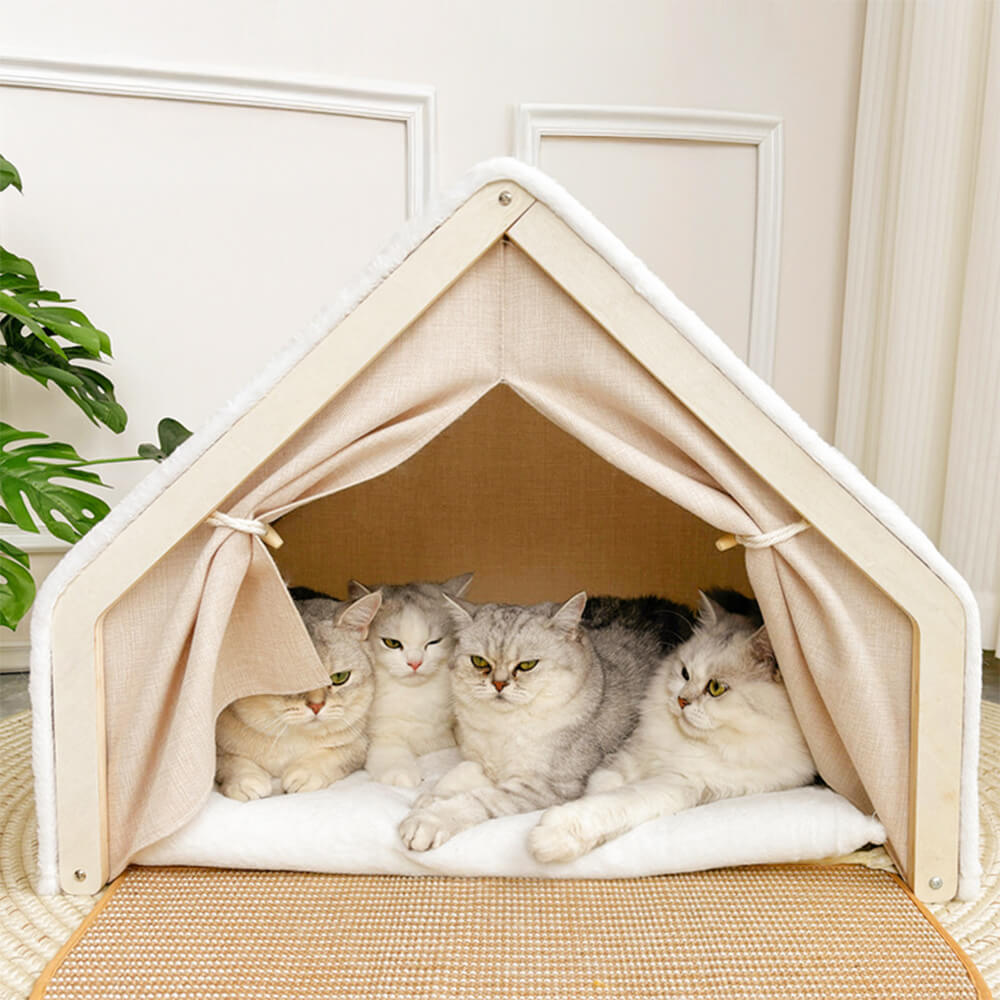Luxury Cat House Tent with Scratching Surface Beige Foldable Indoor Pet Shelter — Image 3