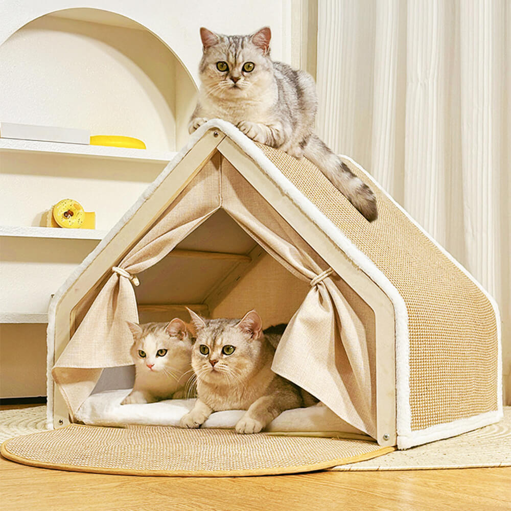 Luxury Cat House Tent with Scratching Surface Beige Foldable Indoor Pet Shelter — Image 5