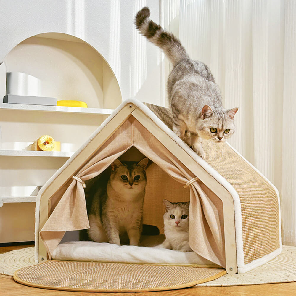 Luxury Cat House Tent with Scratching Surface Beige Foldable Indoor Pet Shelter — Image 2