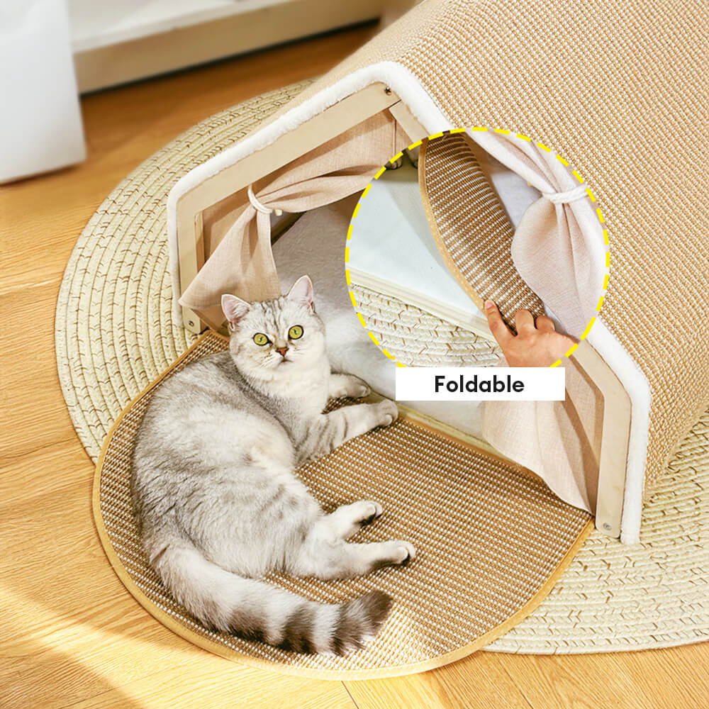 Luxury Cat House Tent with Scratching Surface Beige Foldable Indoor Pet Shelter — Image 4