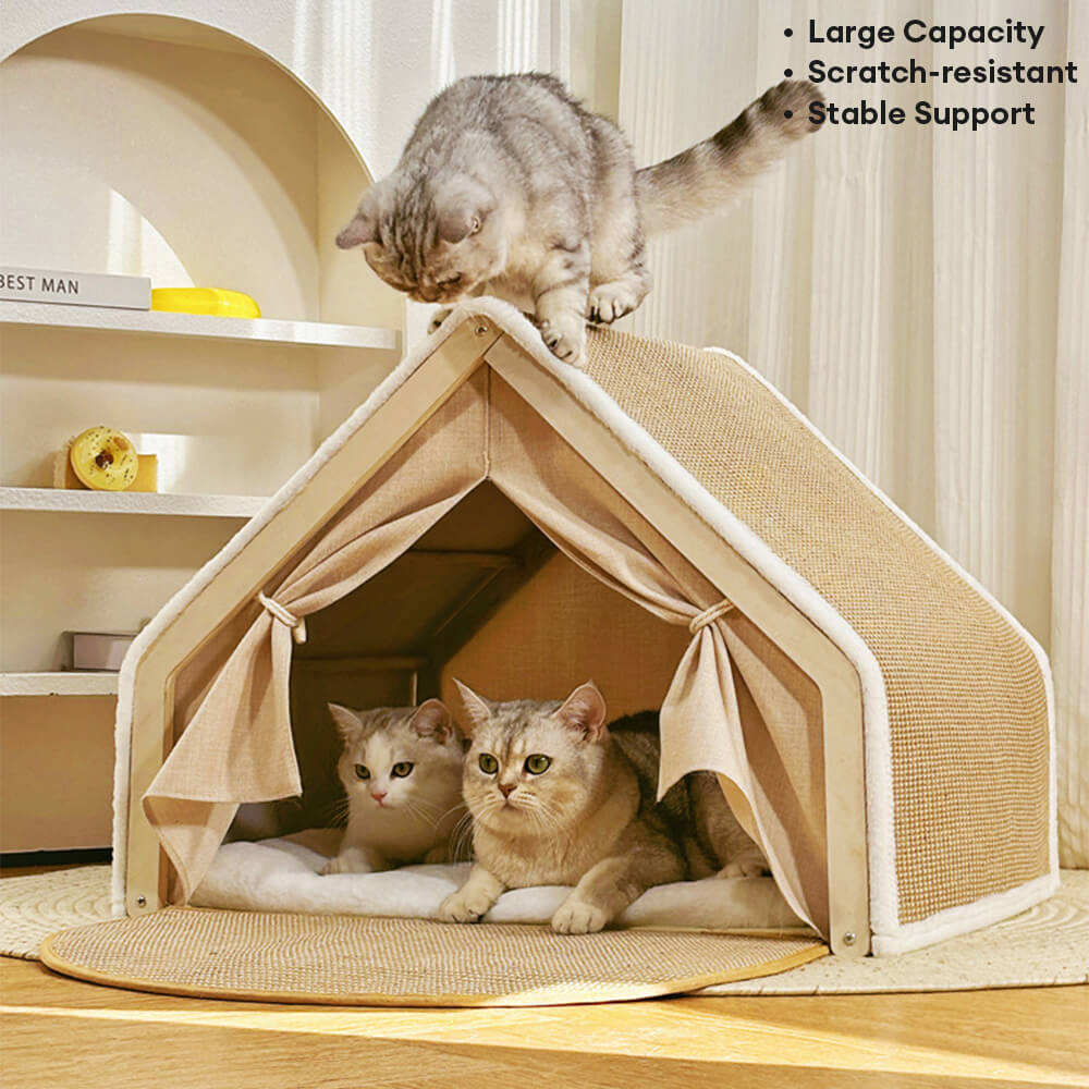 Luxury Cat House Tent with Scratching Surface Beige Foldable Indoor Pet Shelter — Image 7
