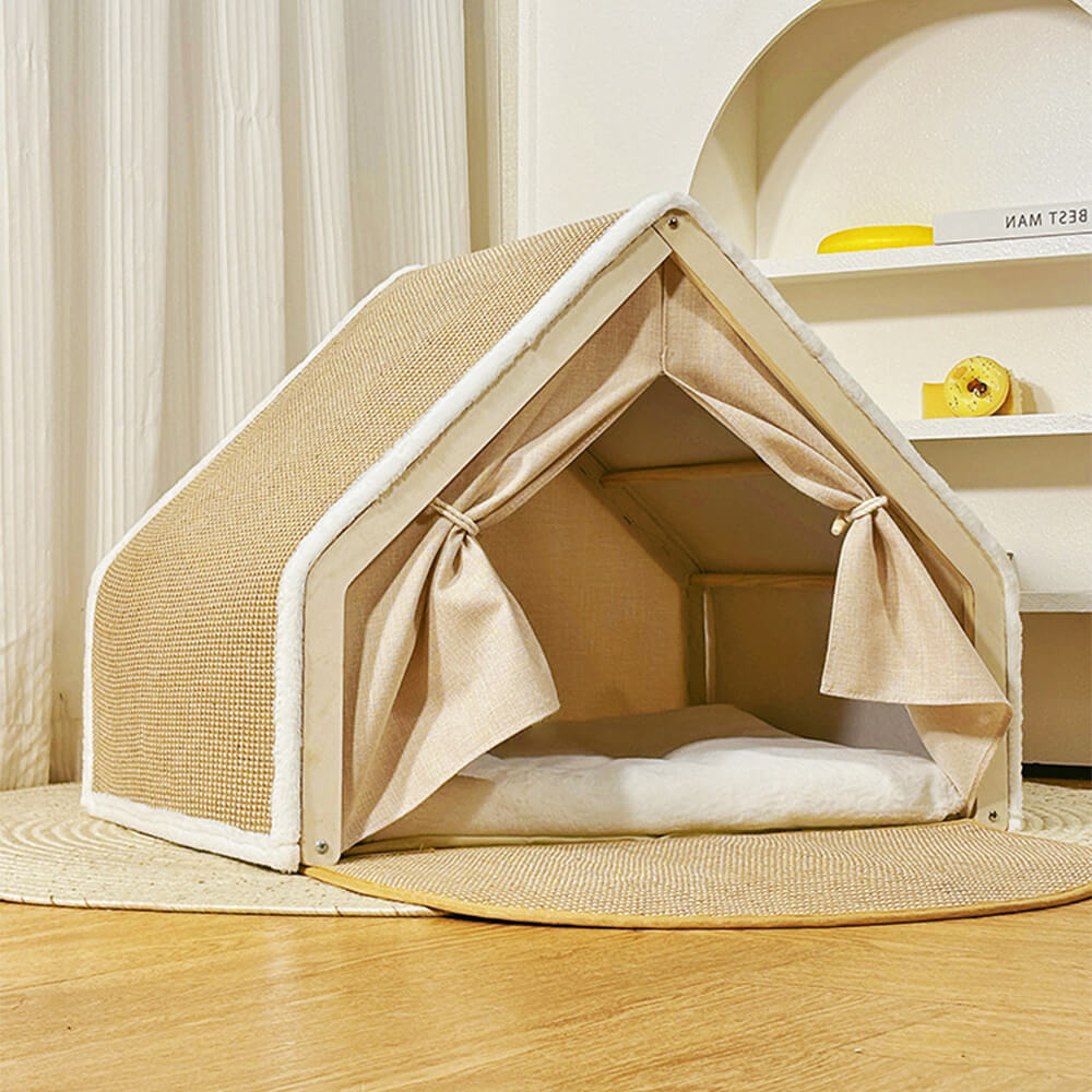Luxury Cat House Tent with Scratching Surface Beige Foldable Indoor Pet Shelter — Image 10