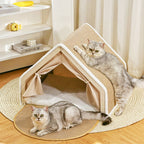 Luxury Cat House Tent with Scratching Surface Beige Foldable Indoor Pet Shelter — Main Image