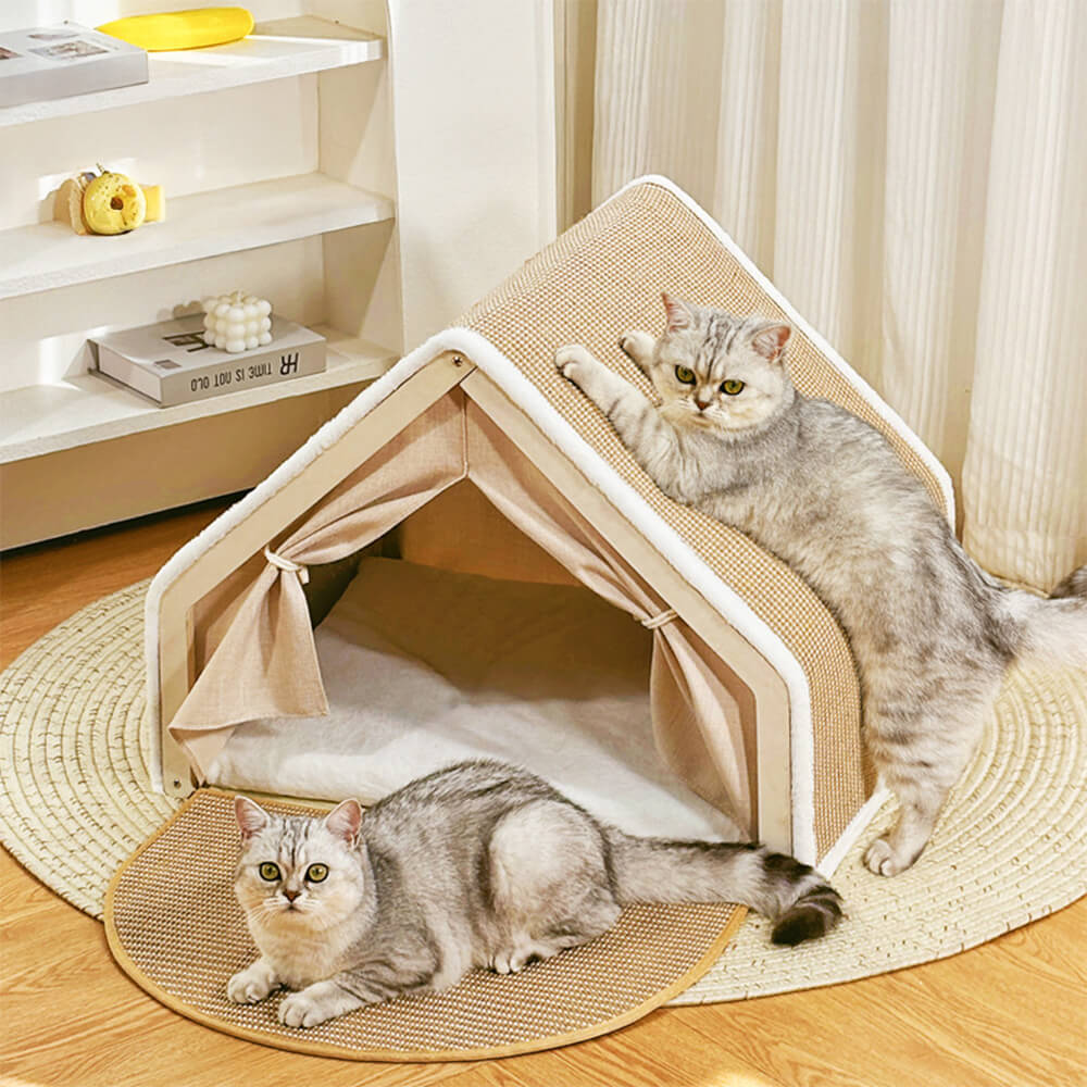 Luxury Cat House Tent with Scratching Surface Beige Foldable Indoor Pet Shelter — Main Image