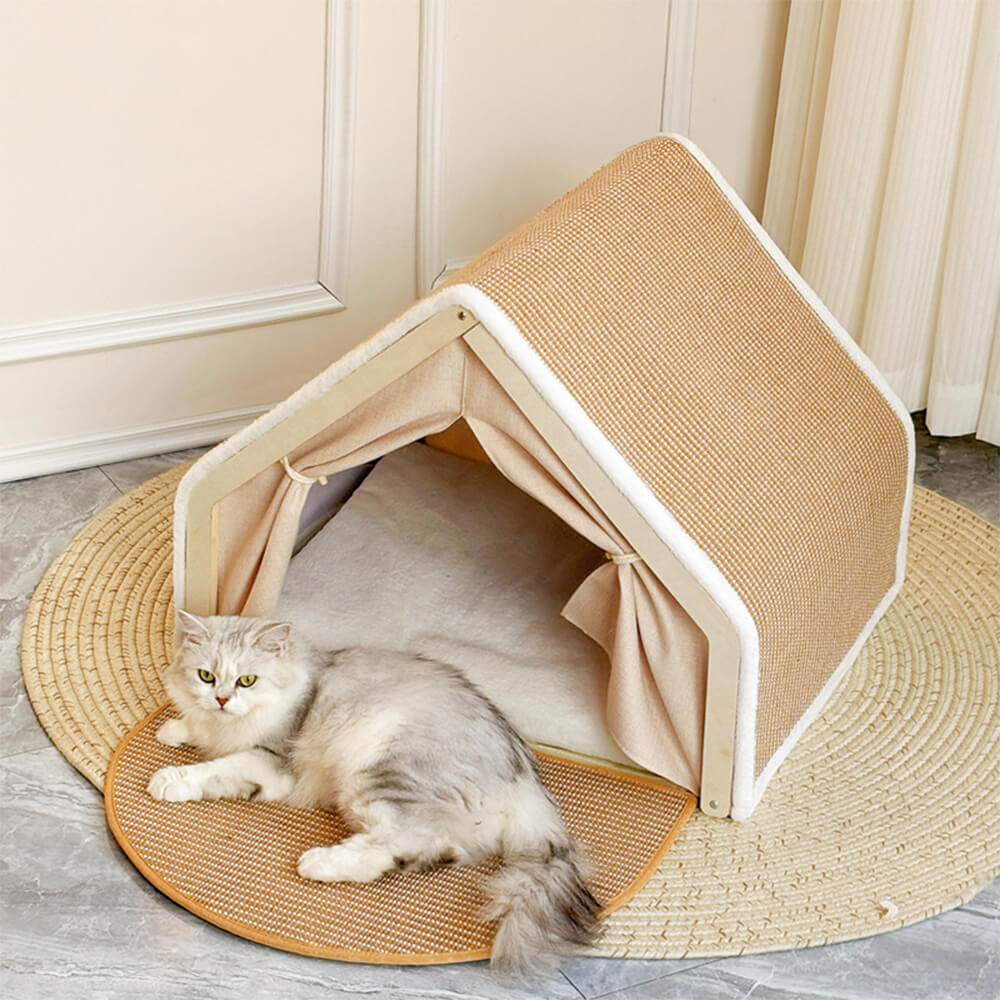 Luxury Cat House Tent with Scratching Surface Beige Foldable Indoor Pet Shelter — Image 8