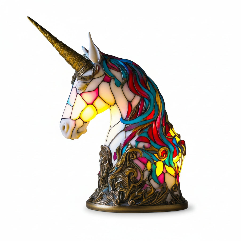 Artistic Stained Glass Unicorn Table Lamp Multicolor Tiffany Style Home Decor — Main Image