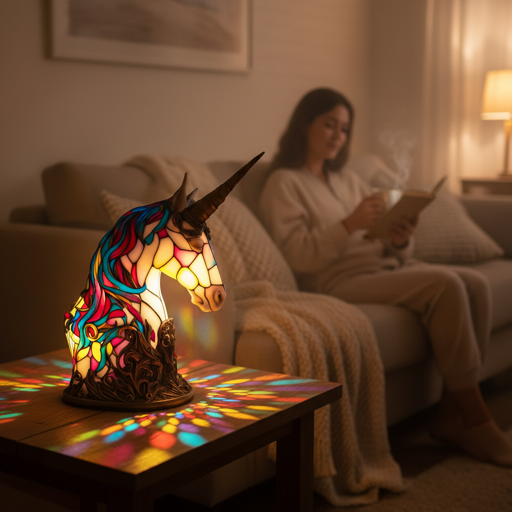 Artistic Stained Glass Unicorn Table Lamp Multicolor Tiffany Style Home Decor — Image 2