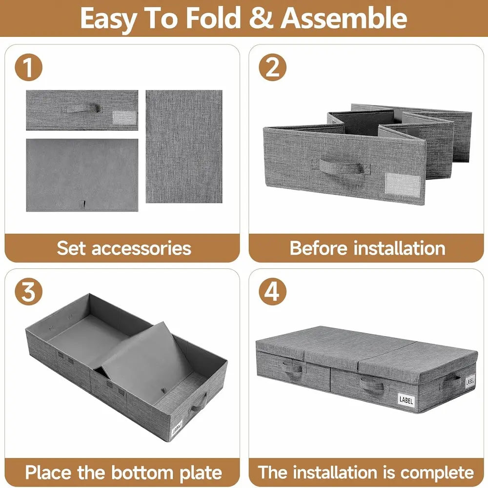 Underbed Storage Organizer Grey Fabric Foldable Box with Lid for Clothes and Blankets — Image 3