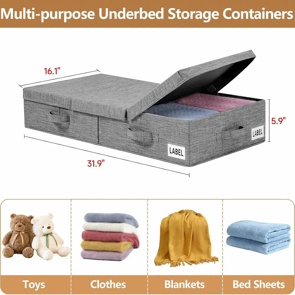Underbed Storage Organizer Grey Fabric Foldable Box with Lid for Clothes and Blankets — Image 4