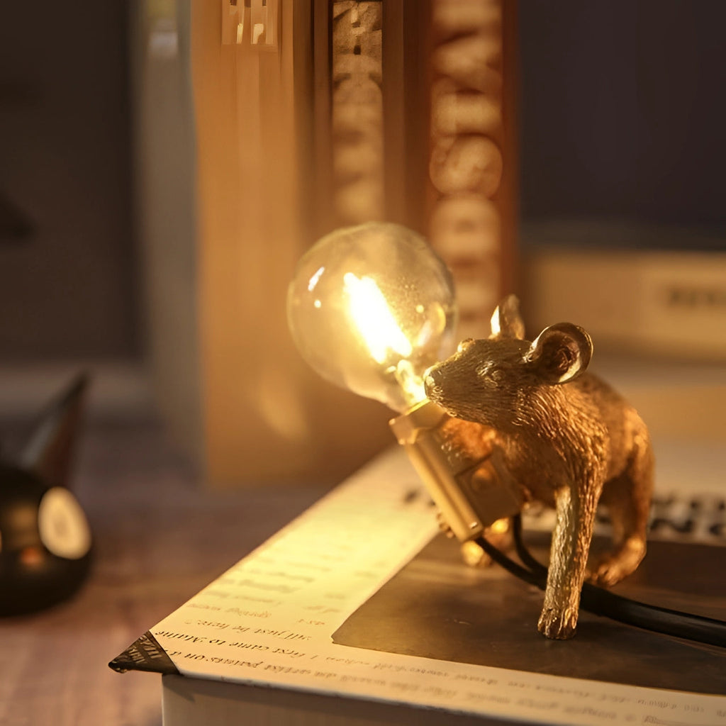Resin Mouse Table Lamp Animal Night Light Home Decor Gold White LED — Main Image