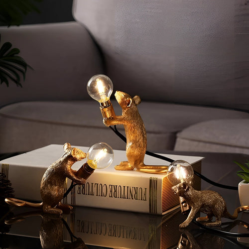 Resin Mouse Table Lamp Animal Night Light Home Decor Gold White LED — Image 2