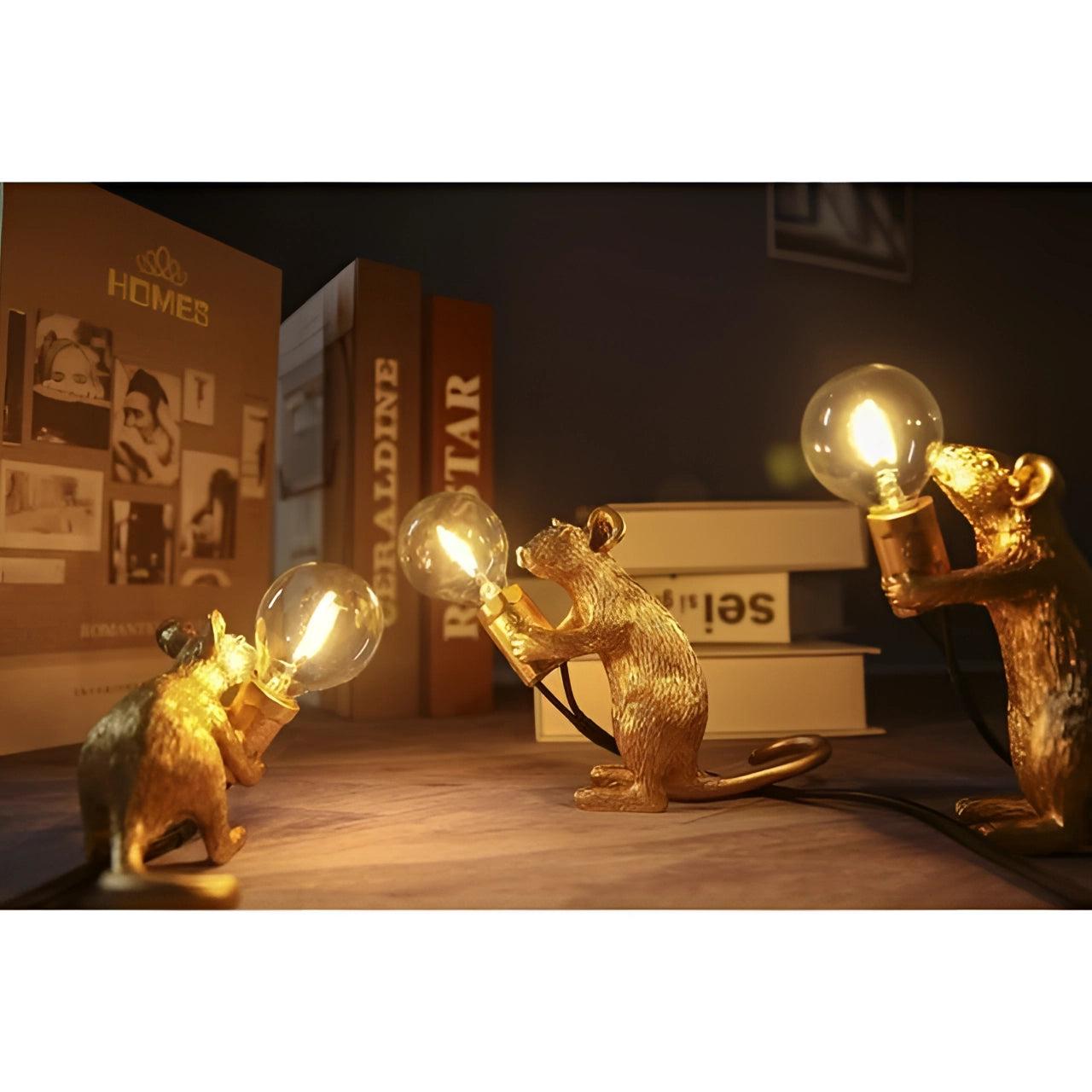 Resin Mouse Table Lamp Animal Night Light Home Decor Gold White LED — Image 10