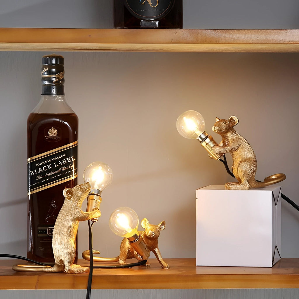 Resin Mouse Table Lamp Animal Night Light Home Decor Gold White LED — Image 4