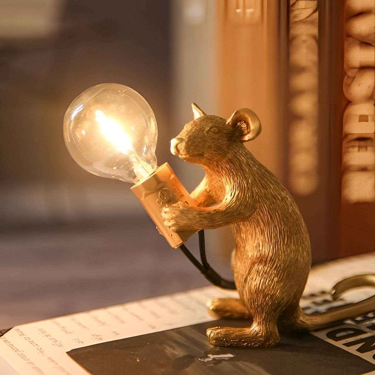 Resin Mouse Table Lamp Animal Night Light Home Decor Gold White LED — Image 6
