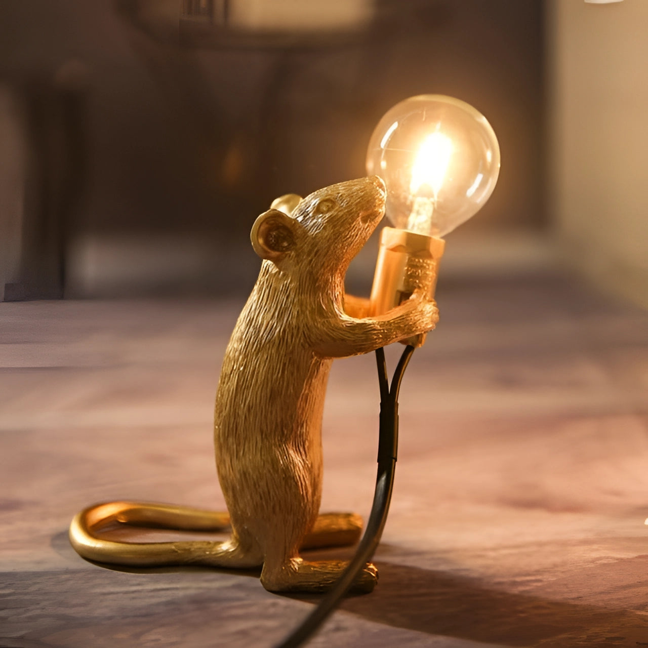 Resin Mouse Table Lamp Animal Night Light Home Decor Gold White LED — Image 7