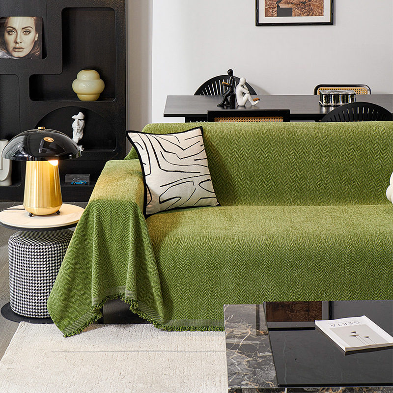 Luxury Sofa Cover Cotton Blend Herringbone Pattern Green Washable Protector — Image 6