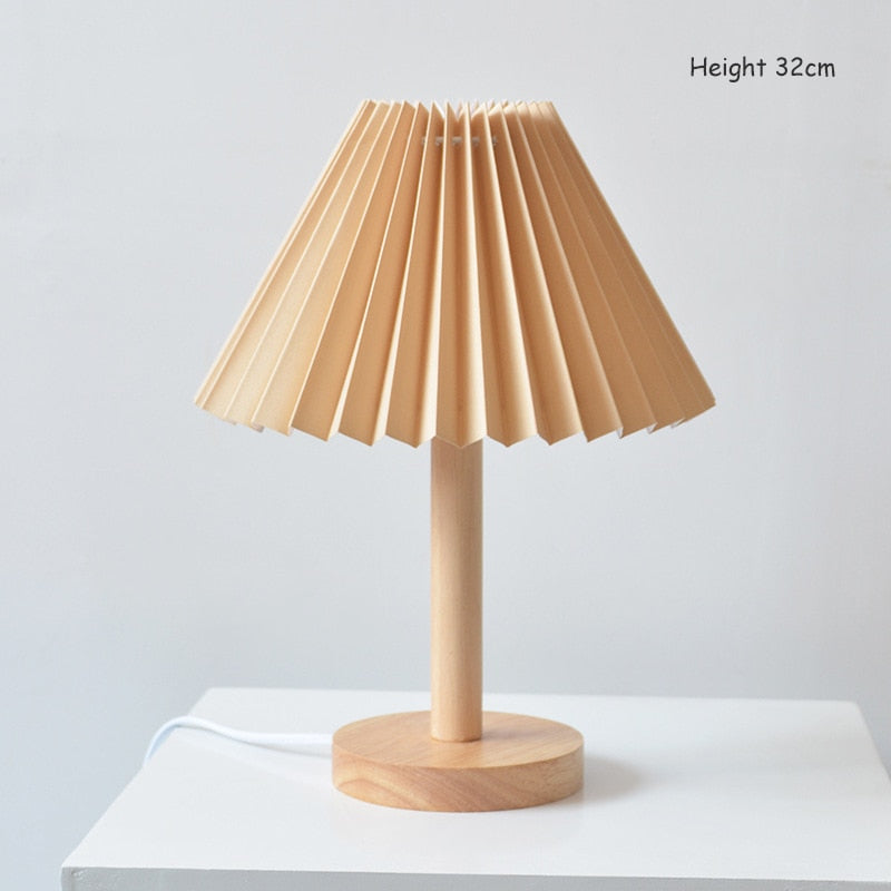Elegant Wooden Table Lamp with Pleated Shade - Beige & White, Solid Wood, 27cm/32cm — Image 5