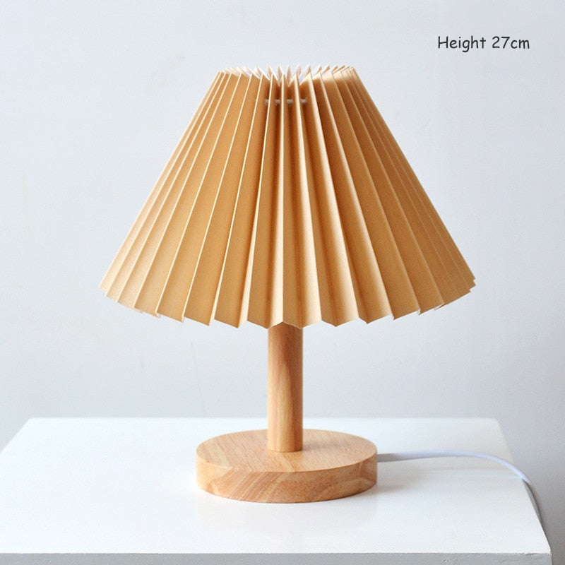 Elegant Wooden Table Lamp with Pleated Shade - Beige & White, Solid Wood, 27cm/32cm — Image 3