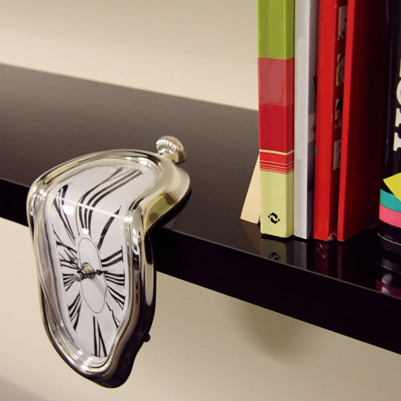 Modern Melting Shelf Clock Roman Numerals Art-Inspired Desk Decor Silver — Image 2