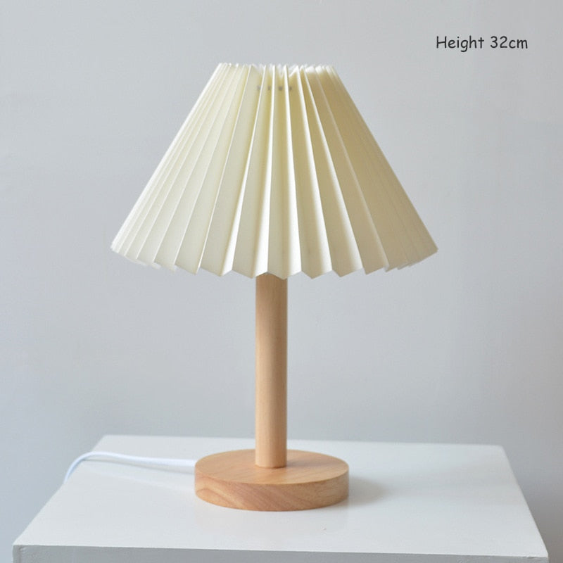 Elegant Wooden Table Lamp with Pleated Shade - Beige & White, Solid Wood, 27cm/32cm — Image 4