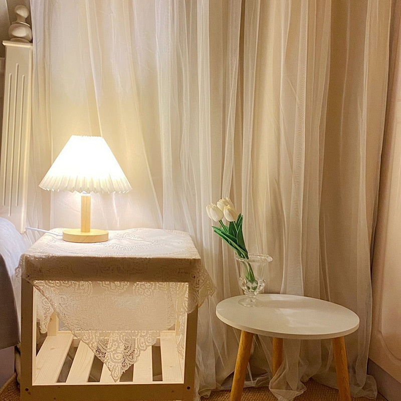 Elegant Wooden Table Lamp with Pleated Shade - Beige & White, Solid Wood, 27cm/32cm — Image 9