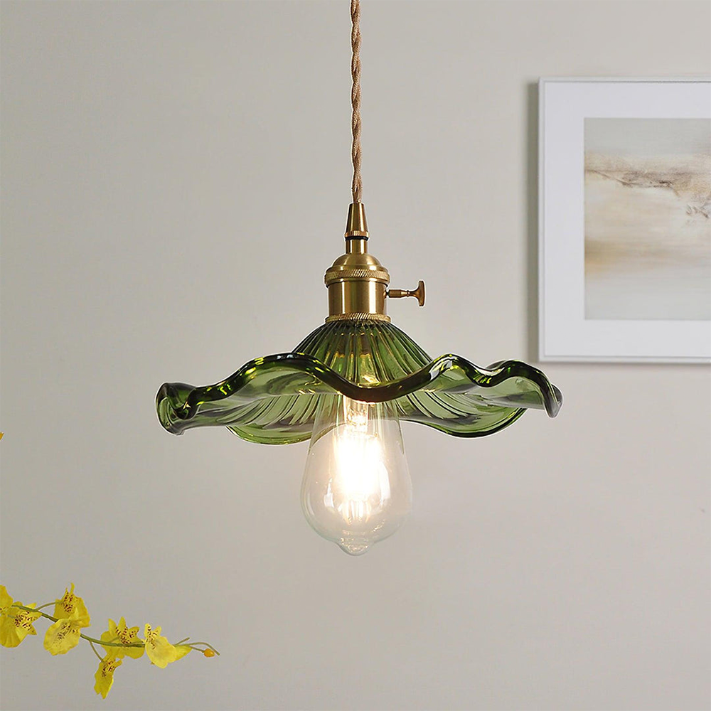 Vintage Glass Pendant Light Retro Ceiling Lamp Brass Finish Green Shade — Image 2