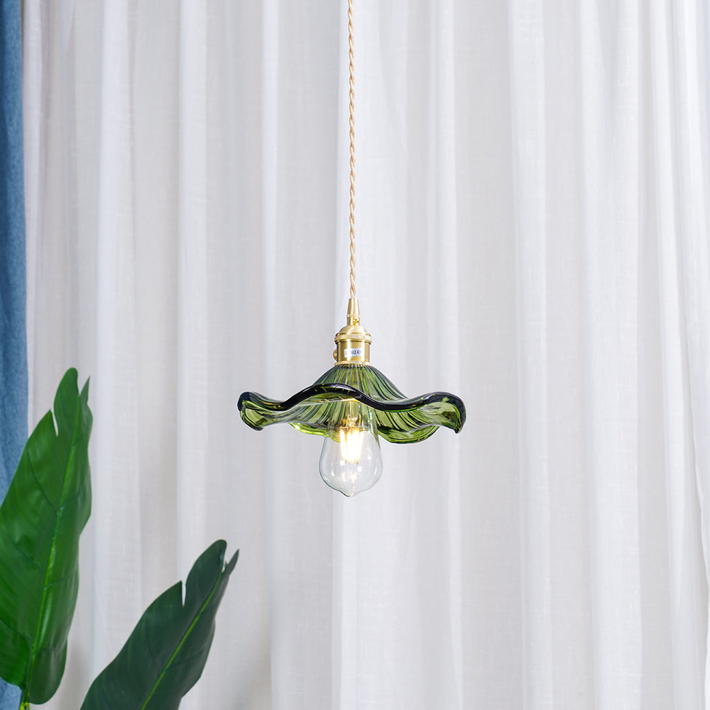 Vintage Glass Pendant Light Retro Ceiling Lamp Brass Finish Green Shade — Image 5