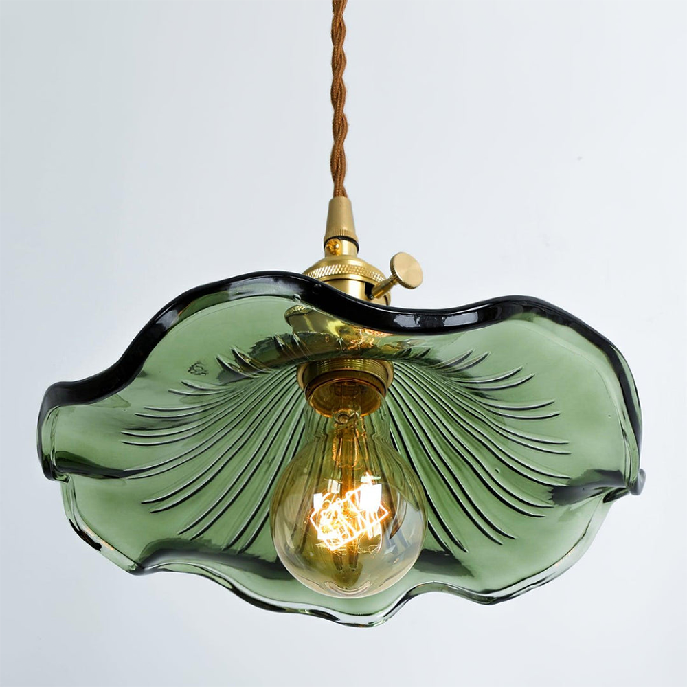 Vintage Glass Pendant Light Retro Ceiling Lamp Brass Finish Green Shade — Image 7