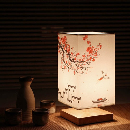 Elegant Table Lamp with Wooden Base Asian-Inspired Fabric Shade — Main Image