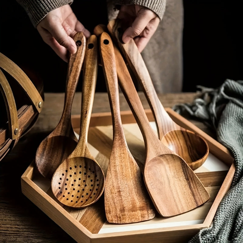 Acacia Wood Kitchen Utensil Set 5-Piece Cooking Tools Natural Eco-Friendly — Main Image