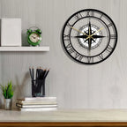 Modern Metal Wall Clock with Compass Design Black Roman Numerals for Home Office Decor — Main Image