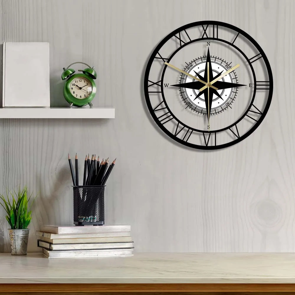 Modern Metal Wall Clock with Compass Design Black Roman Numerals for Home Office Decor — Main Image