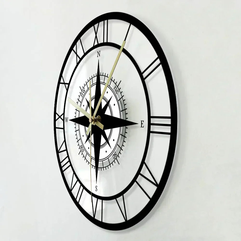 Modern Metal Wall Clock with Compass Design Black Roman Numerals for Home Office Decor — Image 3