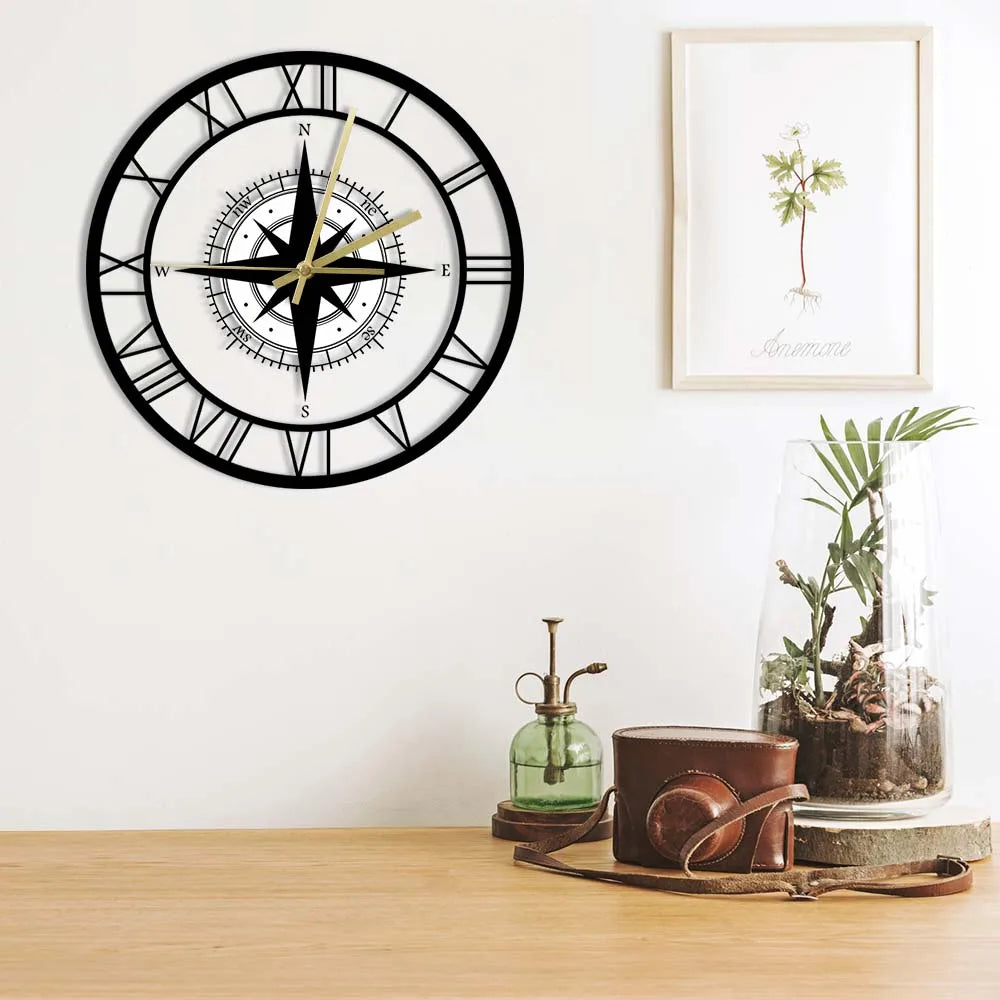 Modern Metal Wall Clock with Compass Design Black Roman Numerals for Home Office Decor — Image 2