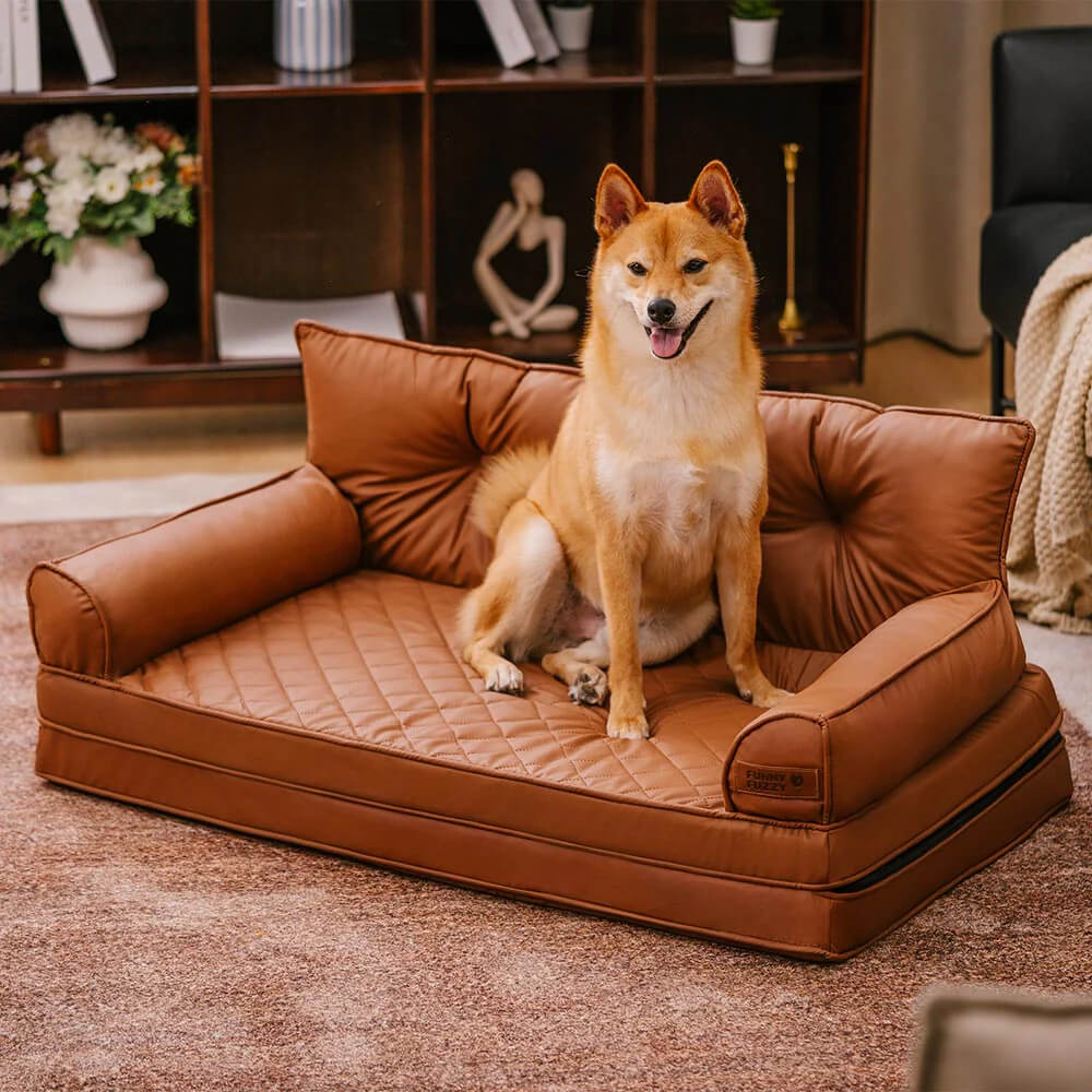 Funny Fuzzy Orthopedic Dog Sofa Bed Beige Faux Leather Large — Image 15