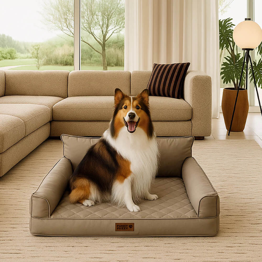 Funny Fuzzy Orthopedic Dog Sofa Bed Beige Faux Leather Large — Image 5