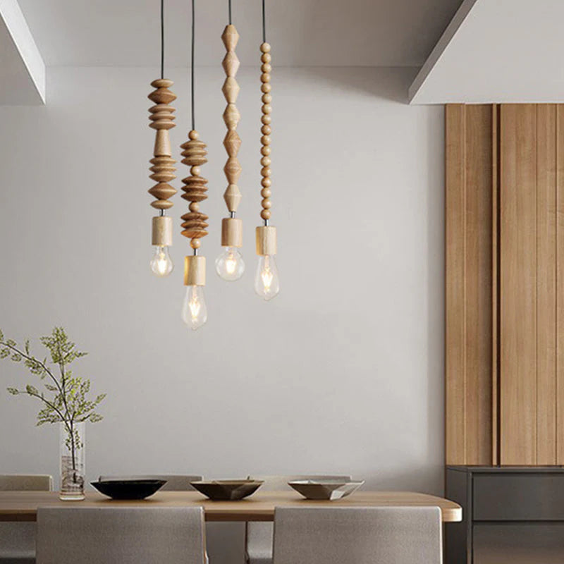 Handcrafted Wooden Pendant Light Fixture Beaded Design Natural Wood — Image 4