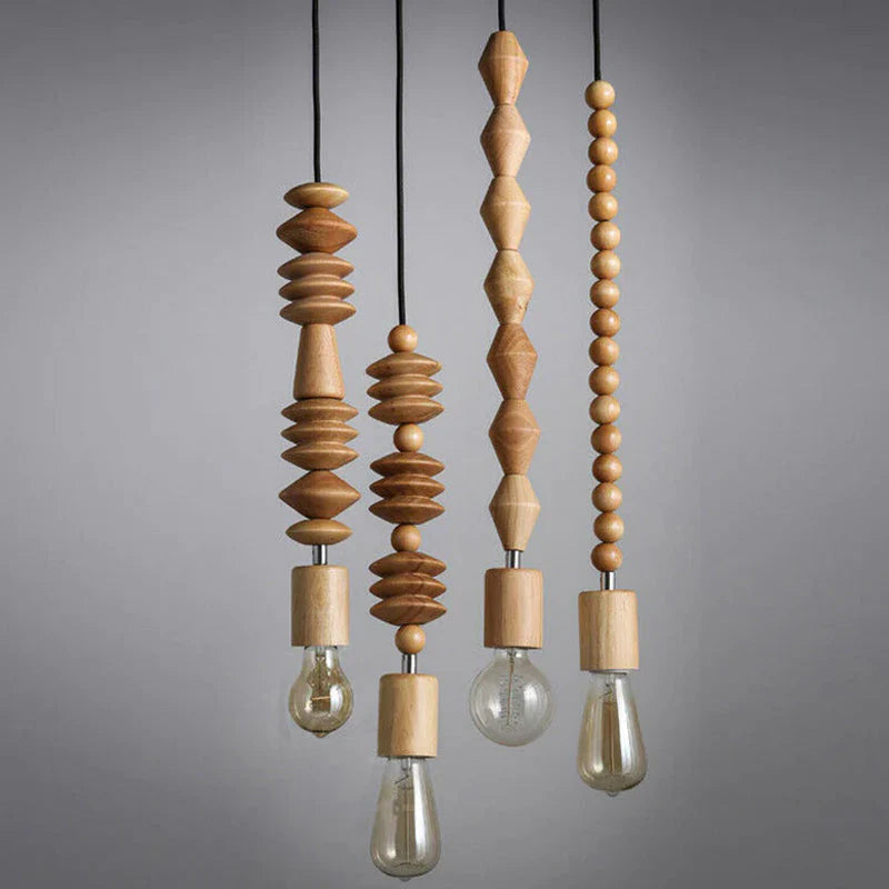 Handcrafted Wooden Pendant Light Fixture Beaded Design Natural Wood — Image 3
