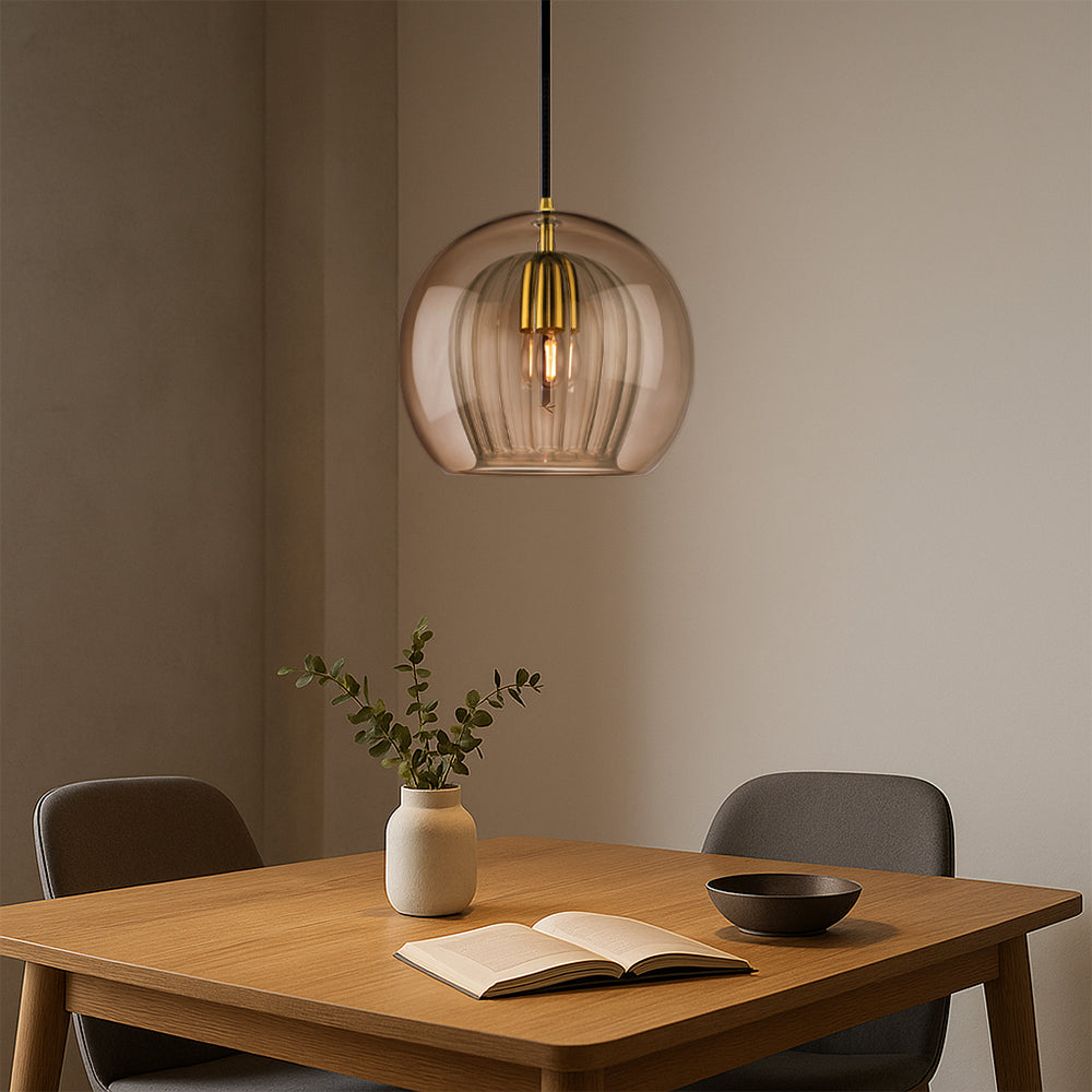 Elegant Modern Glass Pendant Light with Brass Accents - Clear, 12-inch Diameter — Image 3