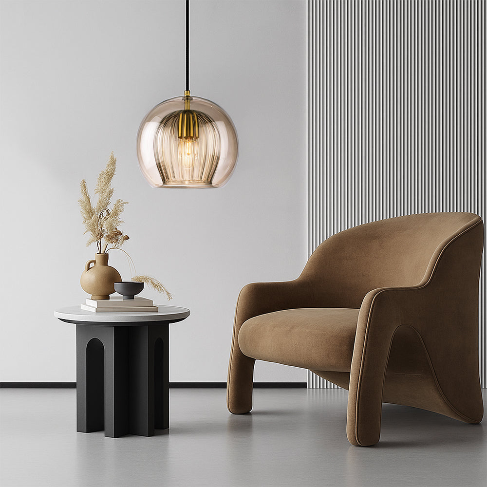 Elegant Modern Glass Pendant Light with Brass Accents - Clear, 12-inch Diameter — Image 6