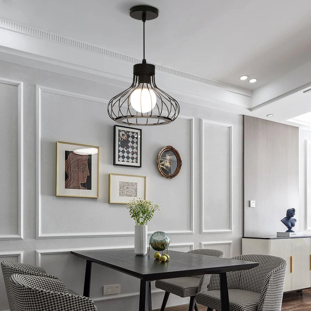 Modern Black Metal Cage Pendant Light - Industrial Style Ceiling Fixture — Image 2
